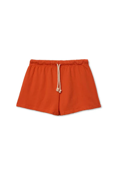 Orange shorts with a drawstring on a white background