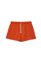 Orange shorts with a drawstring on a white background