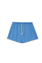 Blue shorts with a drawstring on a white background