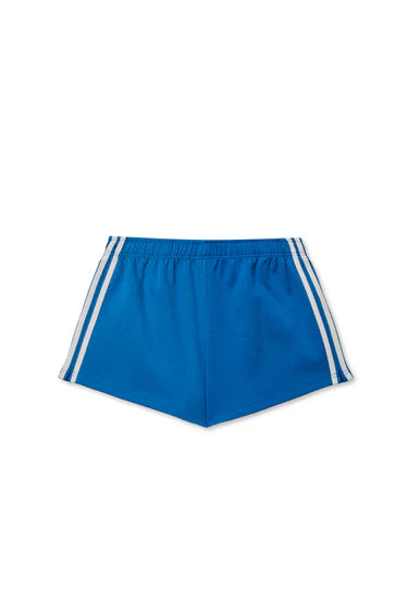 Blue shorts with white stripes on a white background