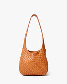 Brown woven handbag on a white background