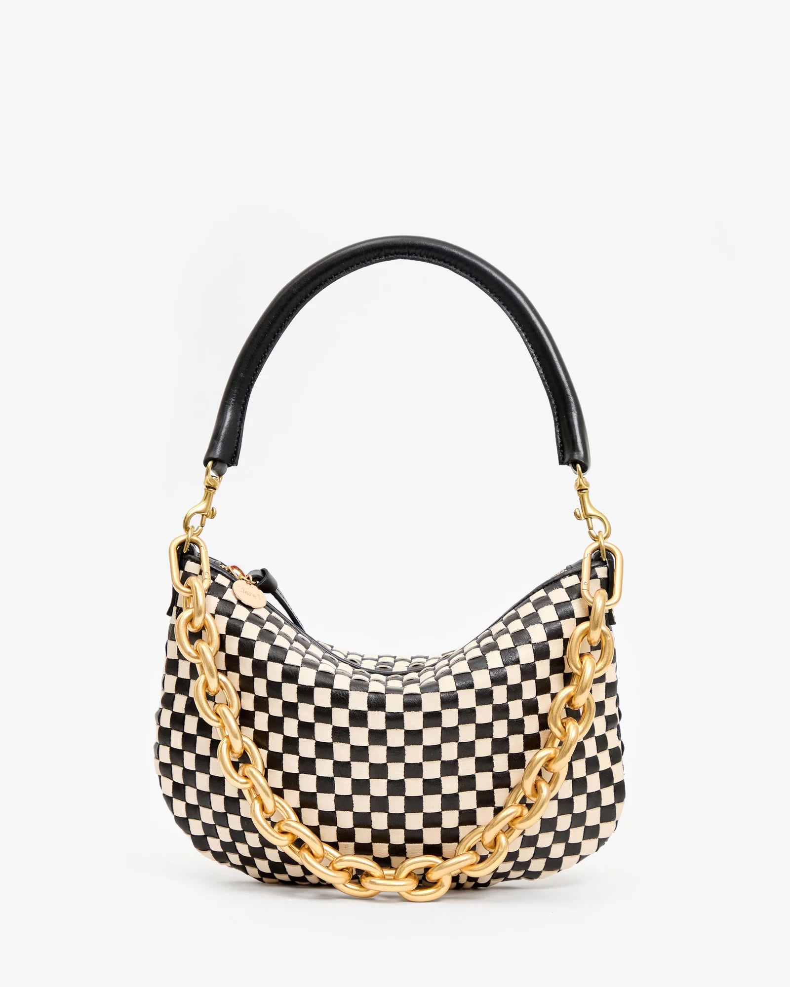Black and white checkered handbag with gold chain detail on a white background