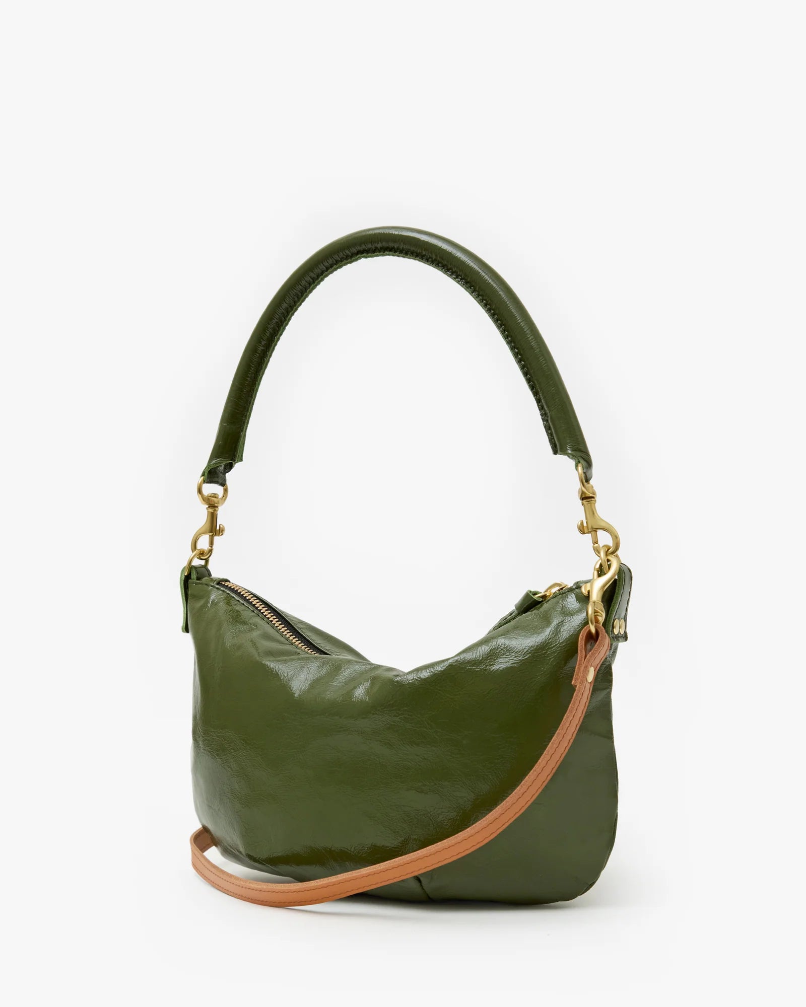 Green handbag with a brown strap on a white background
