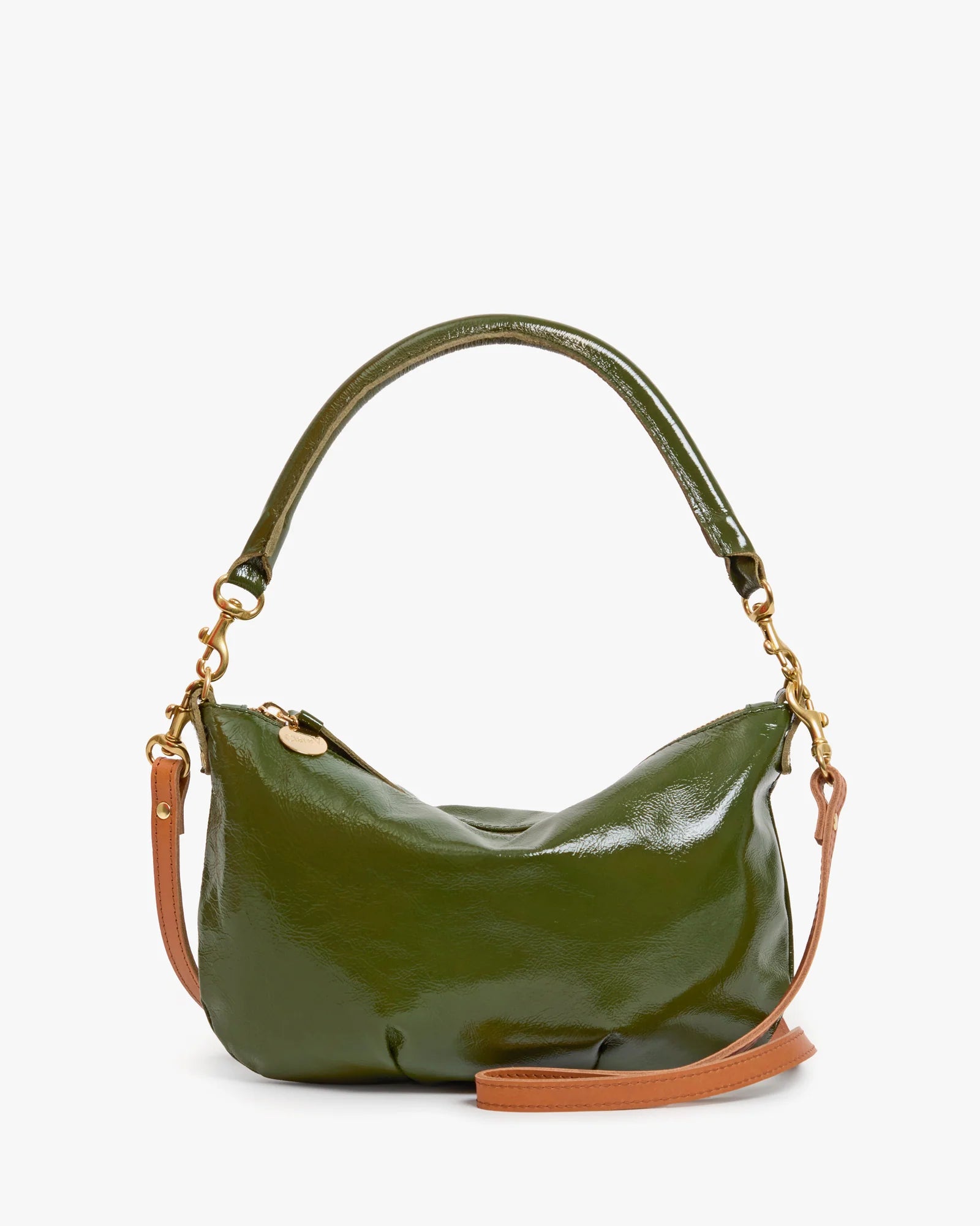 Green handbag with brown accents on a white background
