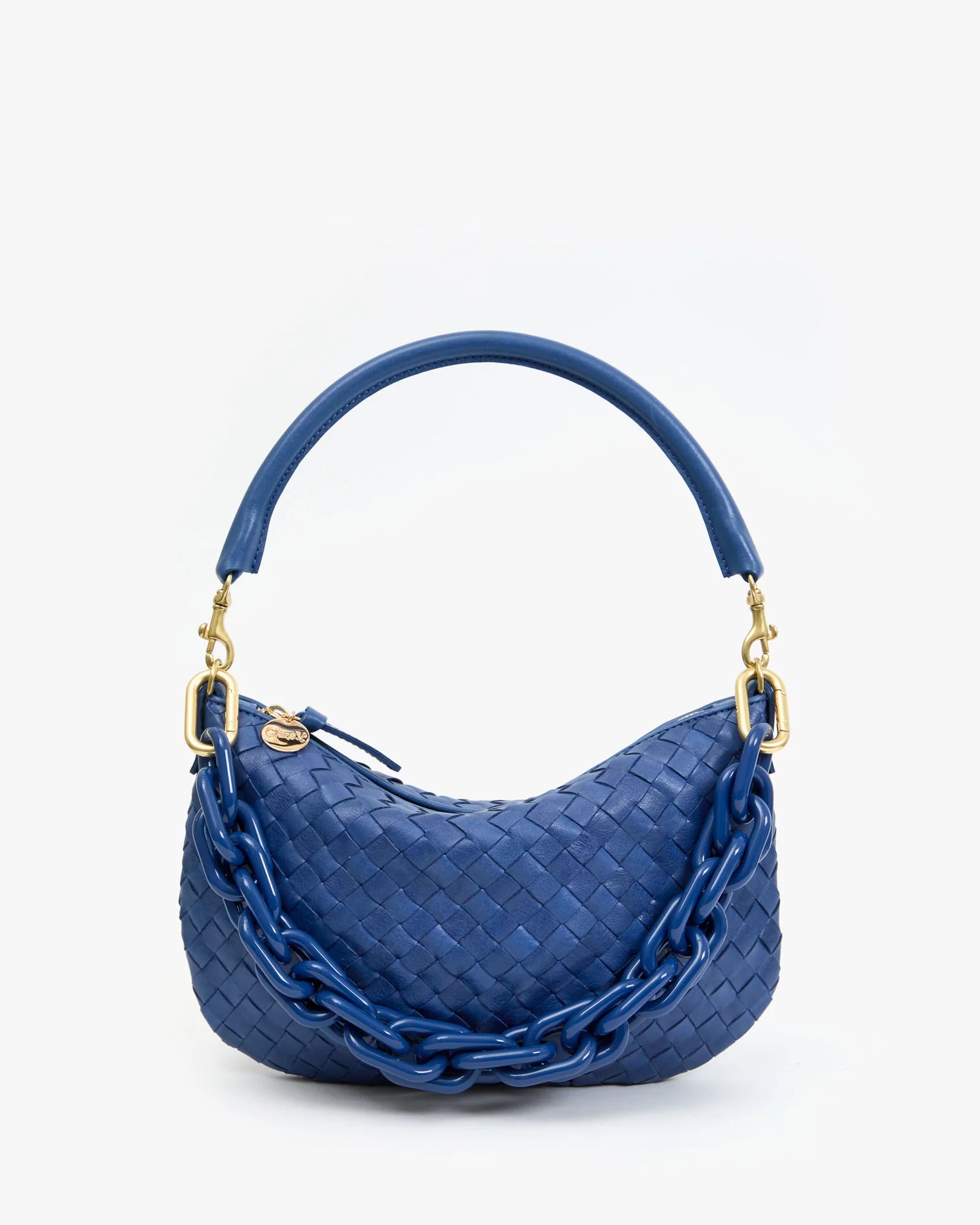 Blue woven handbag with chain detail on a white background