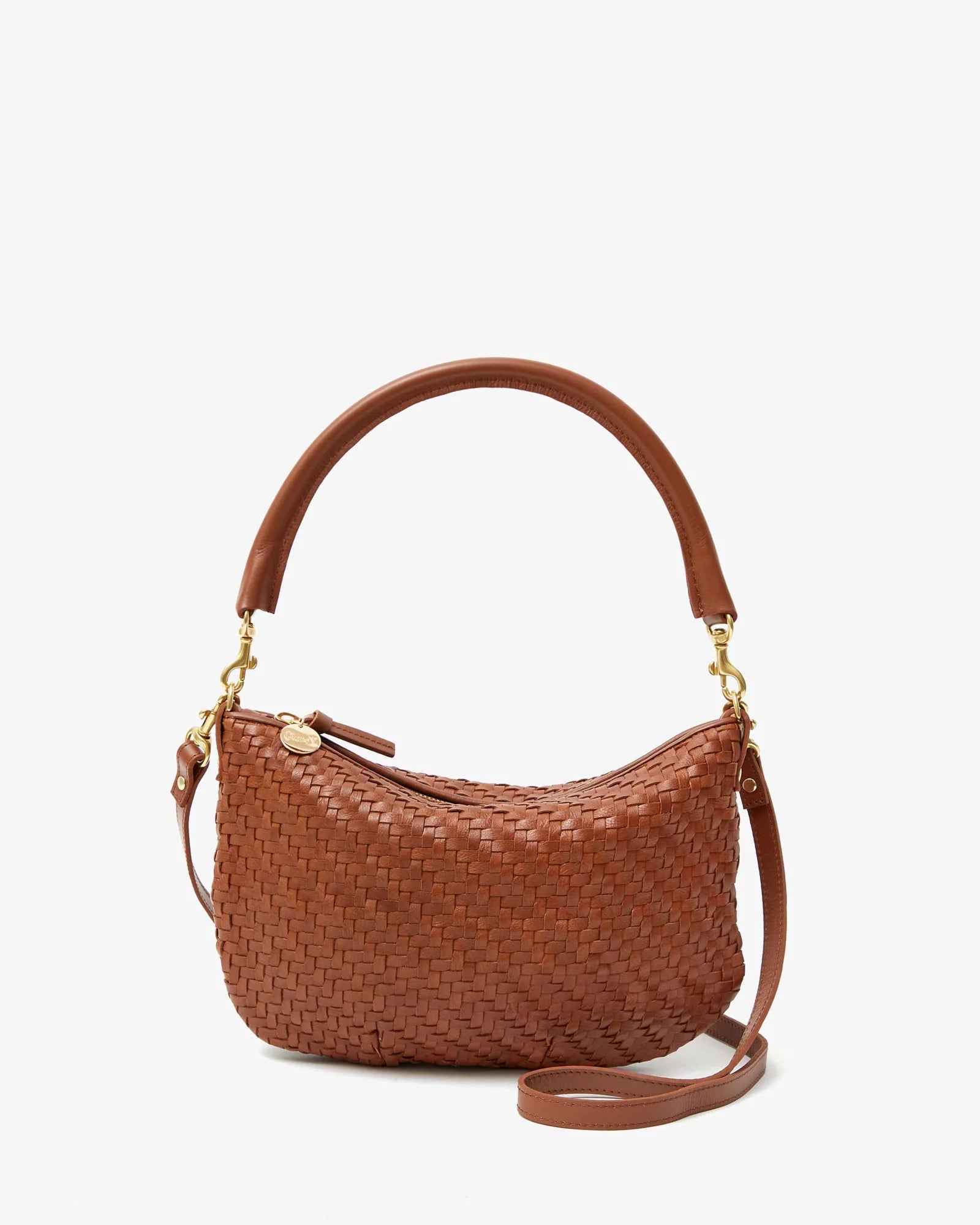 Brown woven handbag with a shoulder strap on a white background