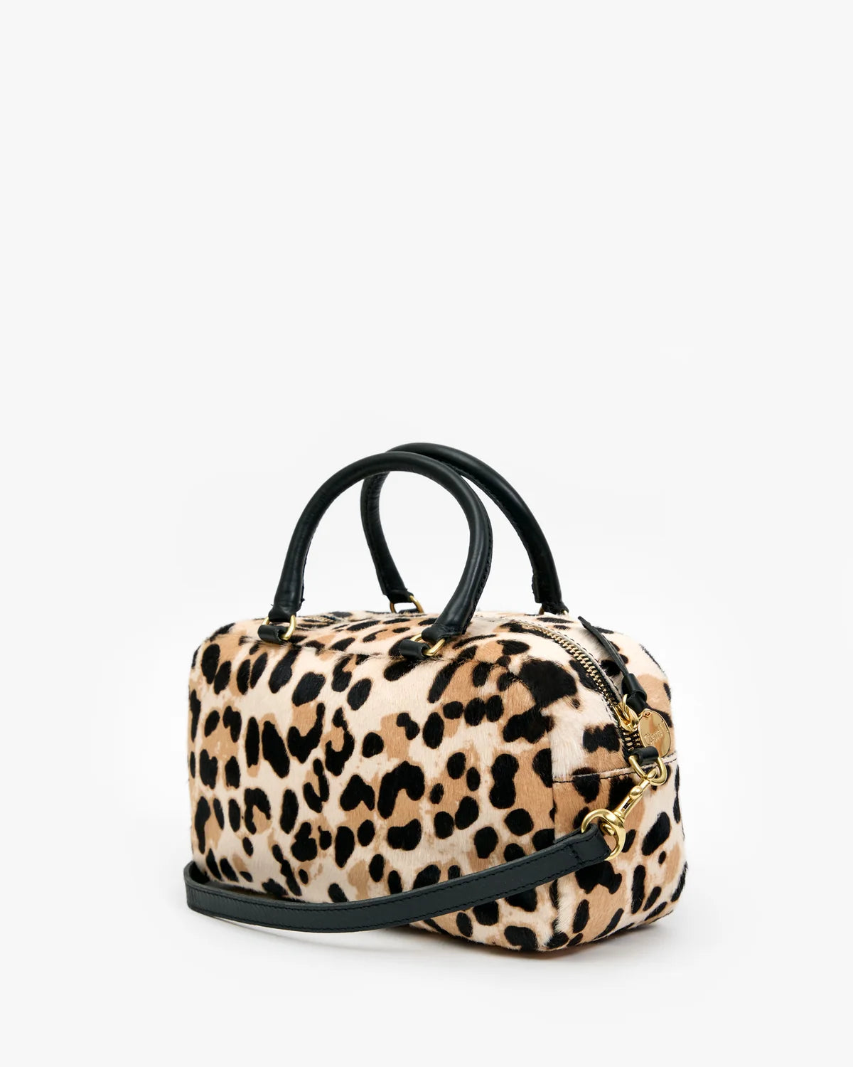 A small leopard-print handbag with black double top handles, a black shoulder strap, and gold-tone hardware, shown on a plain light gray background.