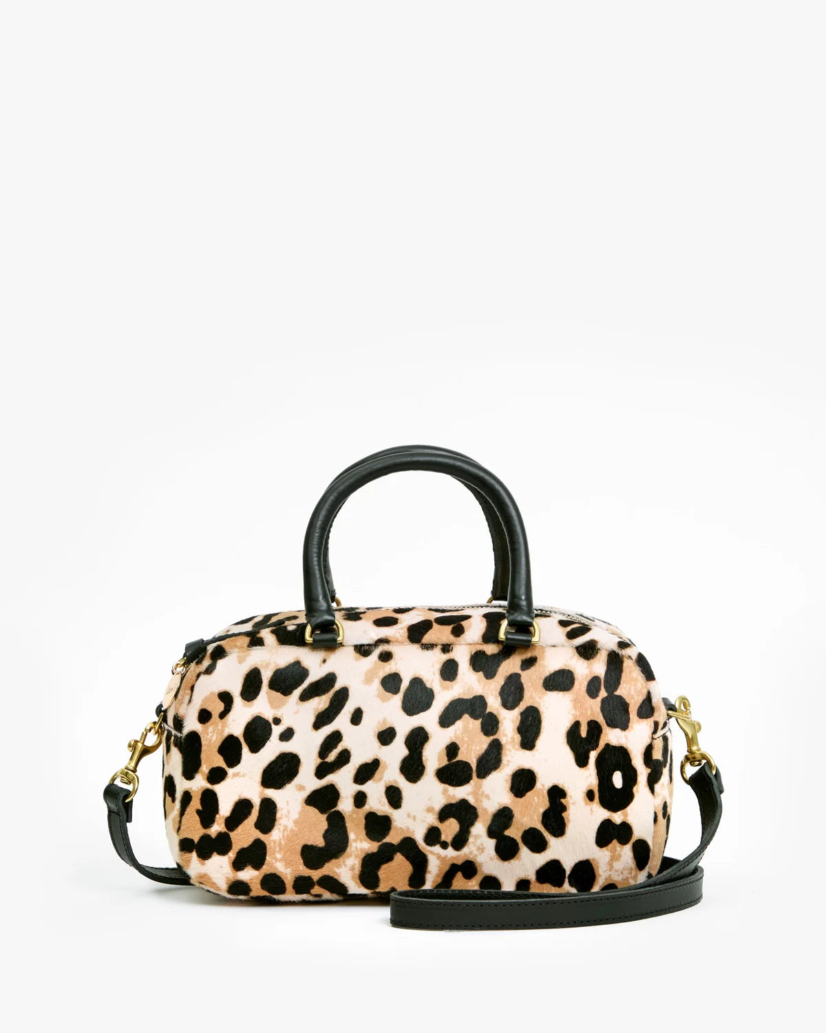 A leopard-print handbag with black leather handles and a matching shoulder strap, displayed against a clean white background.