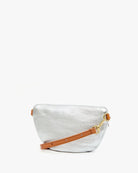 White textured handbag with a brown strap on a white background
