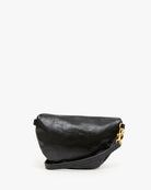 A black leather shoulder bag with a curved, crescent-shaped silhouette and a gold-tone chain detail, shown against a plain white background.
