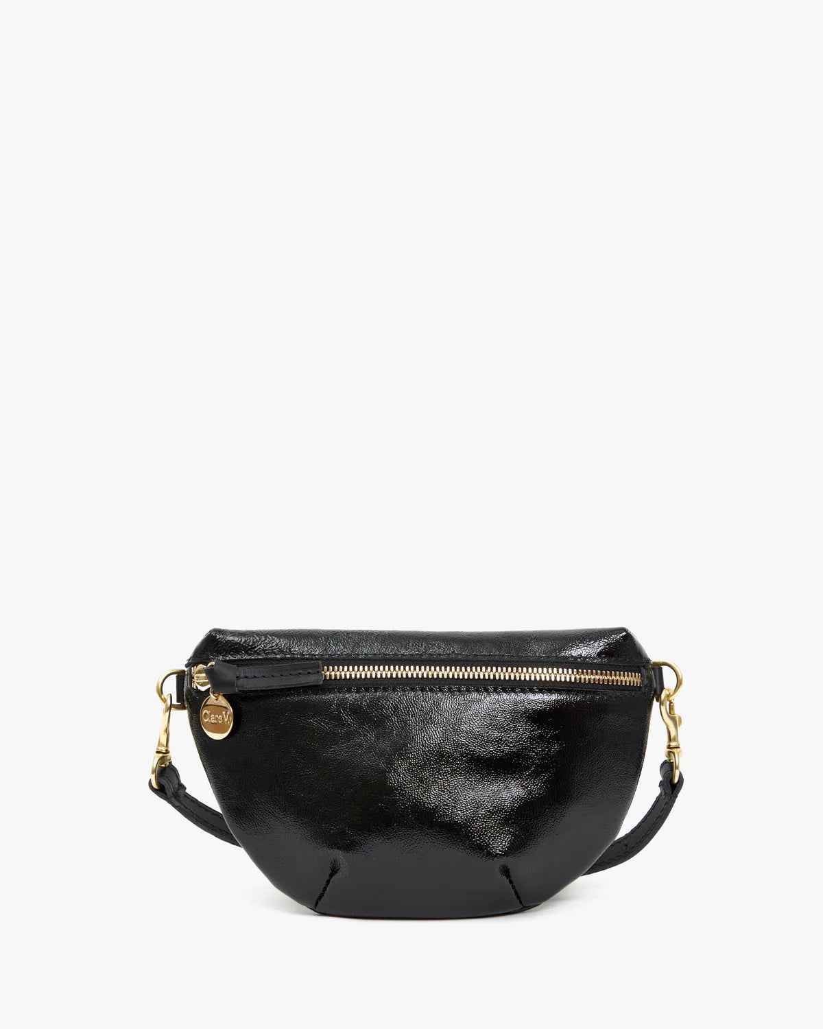A black crescent-shaped leather belt bag with gold-tone hardware and a gold-tone zipper, shown against a plain white background.