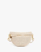 Beige woven belt bag with gold accents on a white background