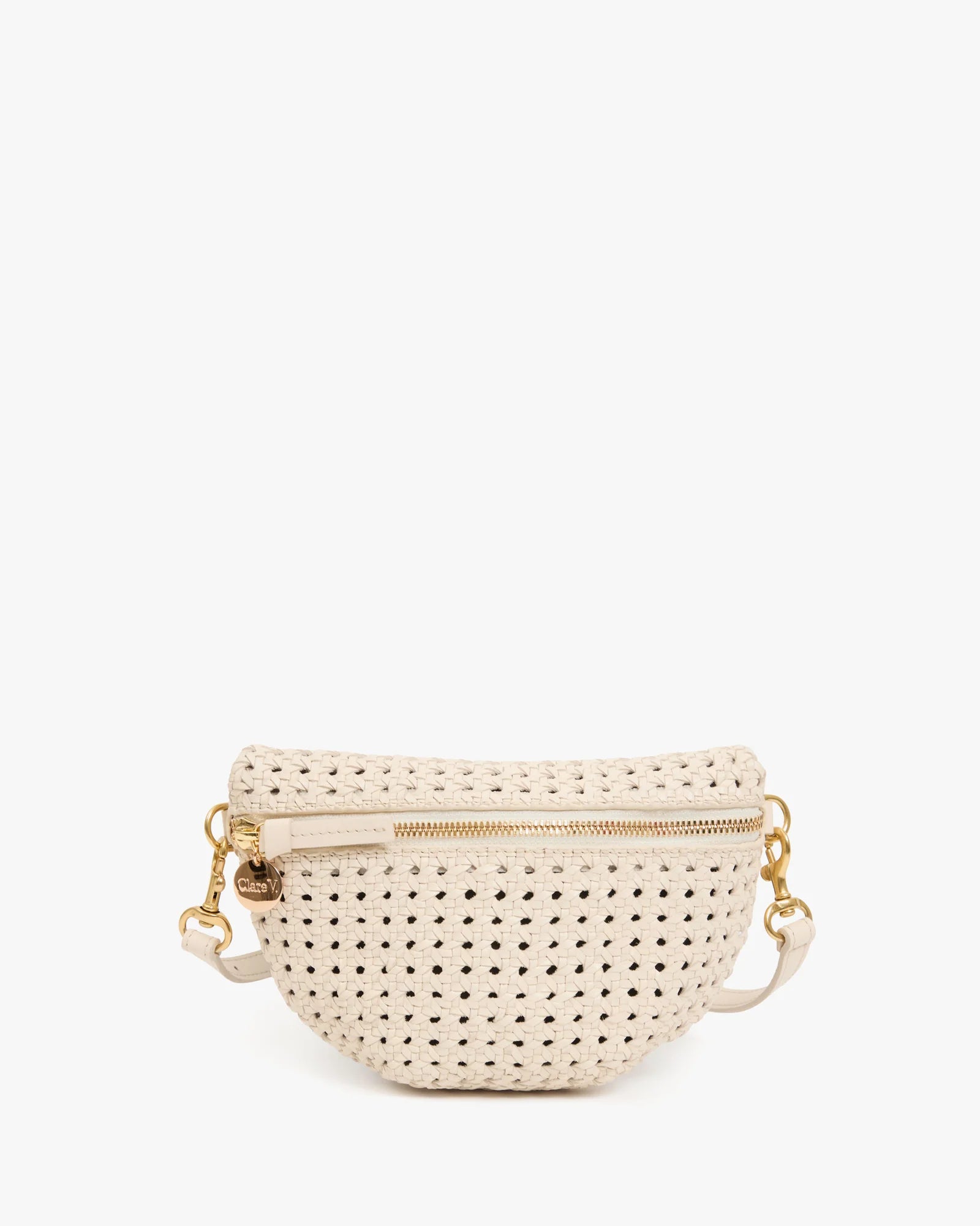 Beige woven belt bag with gold accents on a white background