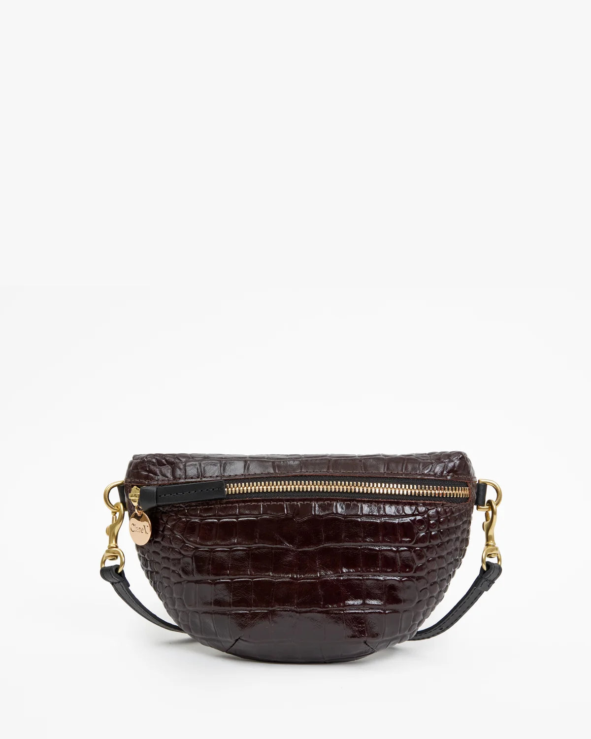 A dark brown crocodile-embossed leather belt bag with gold-tone hardware and a black strap, shown against a plain white background.