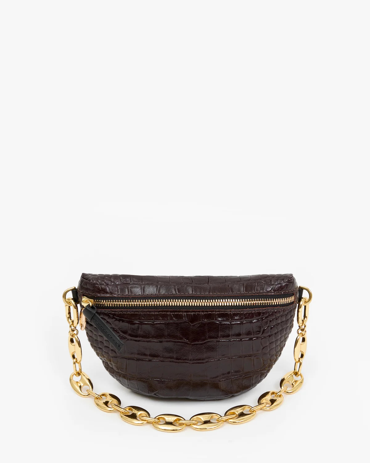 A dark brown crocodile-embossed leather half-moon belt bag with a gold-tone chain strap and a gold zipper, shown against a plain white background.
