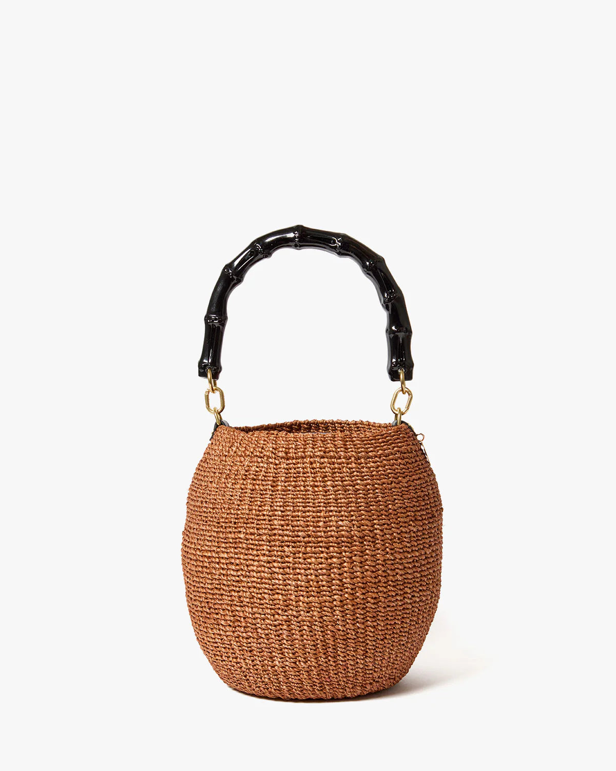 Brown woven handbag with black bamboo handle on a white background
