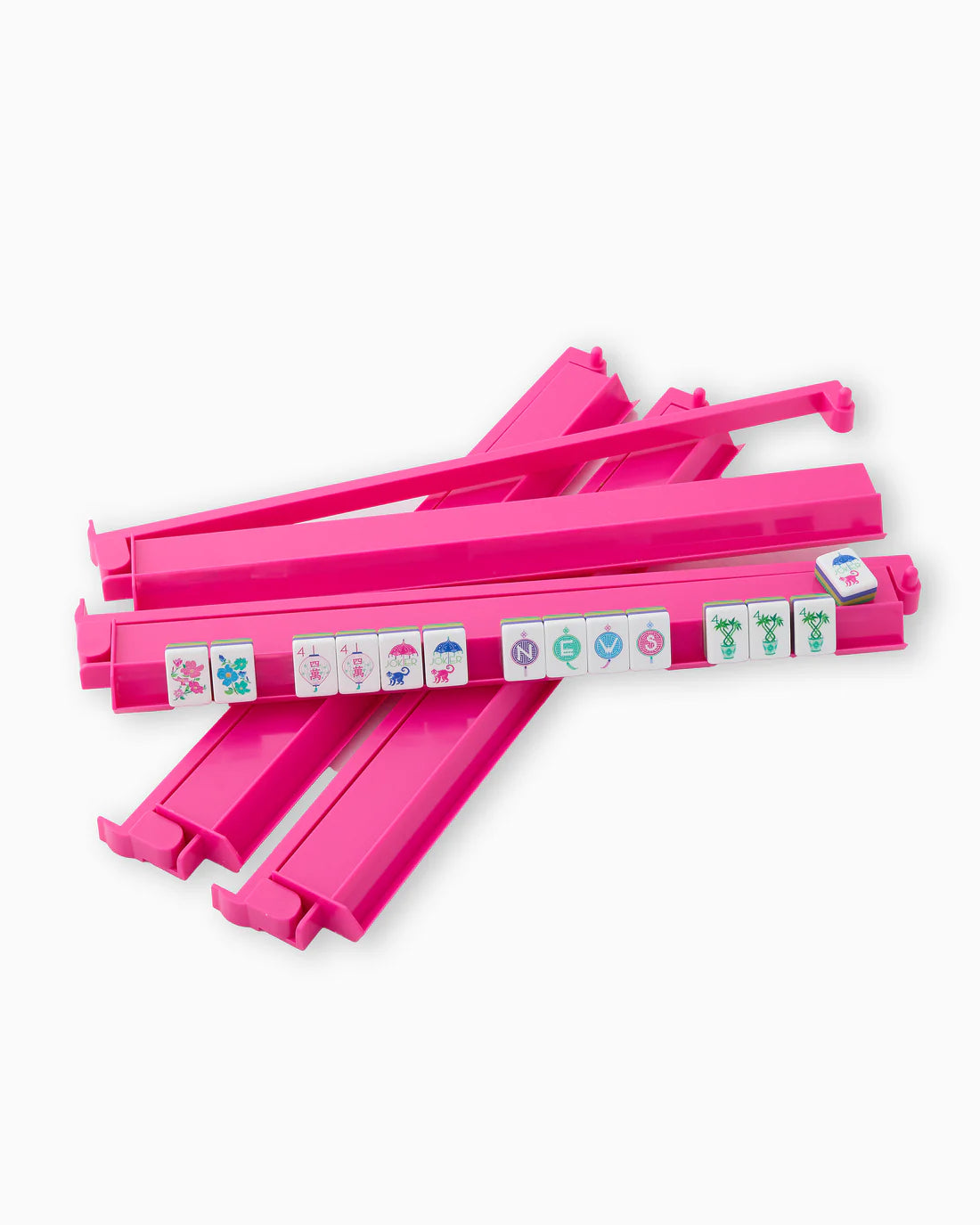 Pink plastic strips with colorful labels on a white background