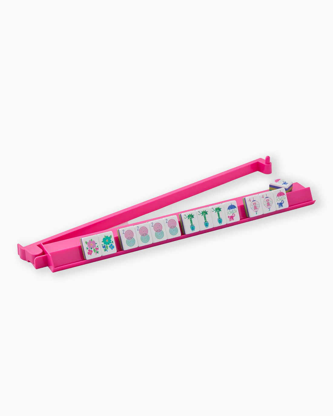 Pink toy tray with colorful toy figures on a white background