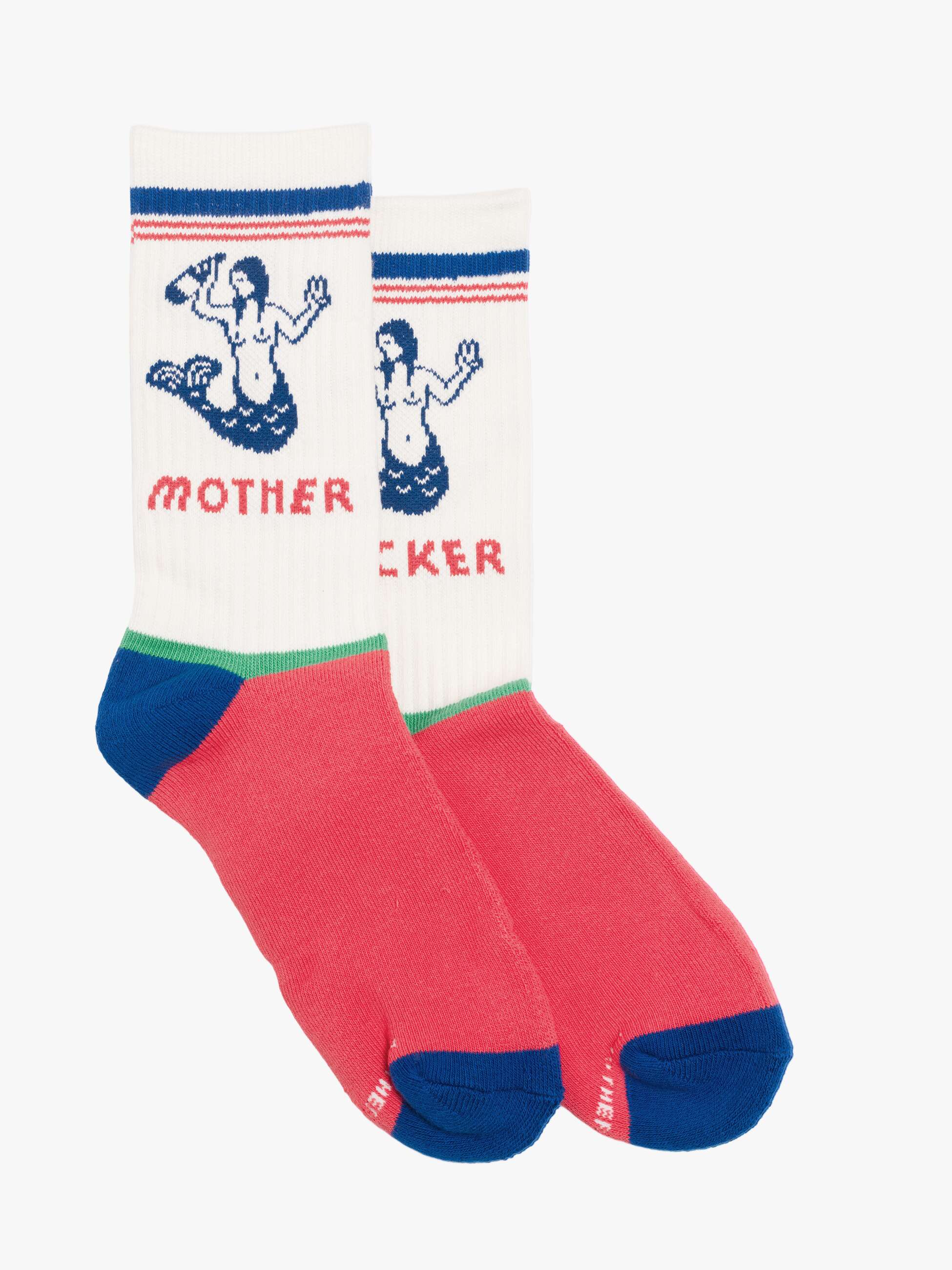 Pair of socks with mermaid design and text on a white background