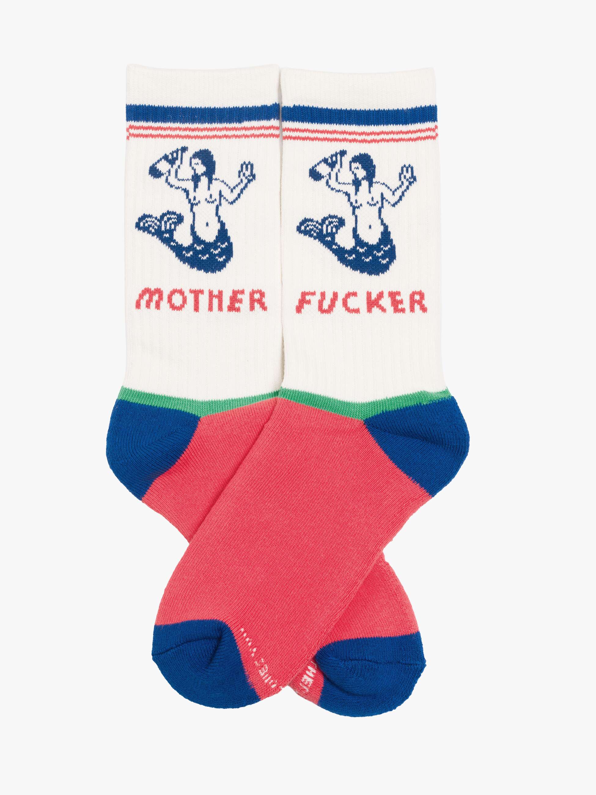 Colorful socks with graphic design and text on a white background