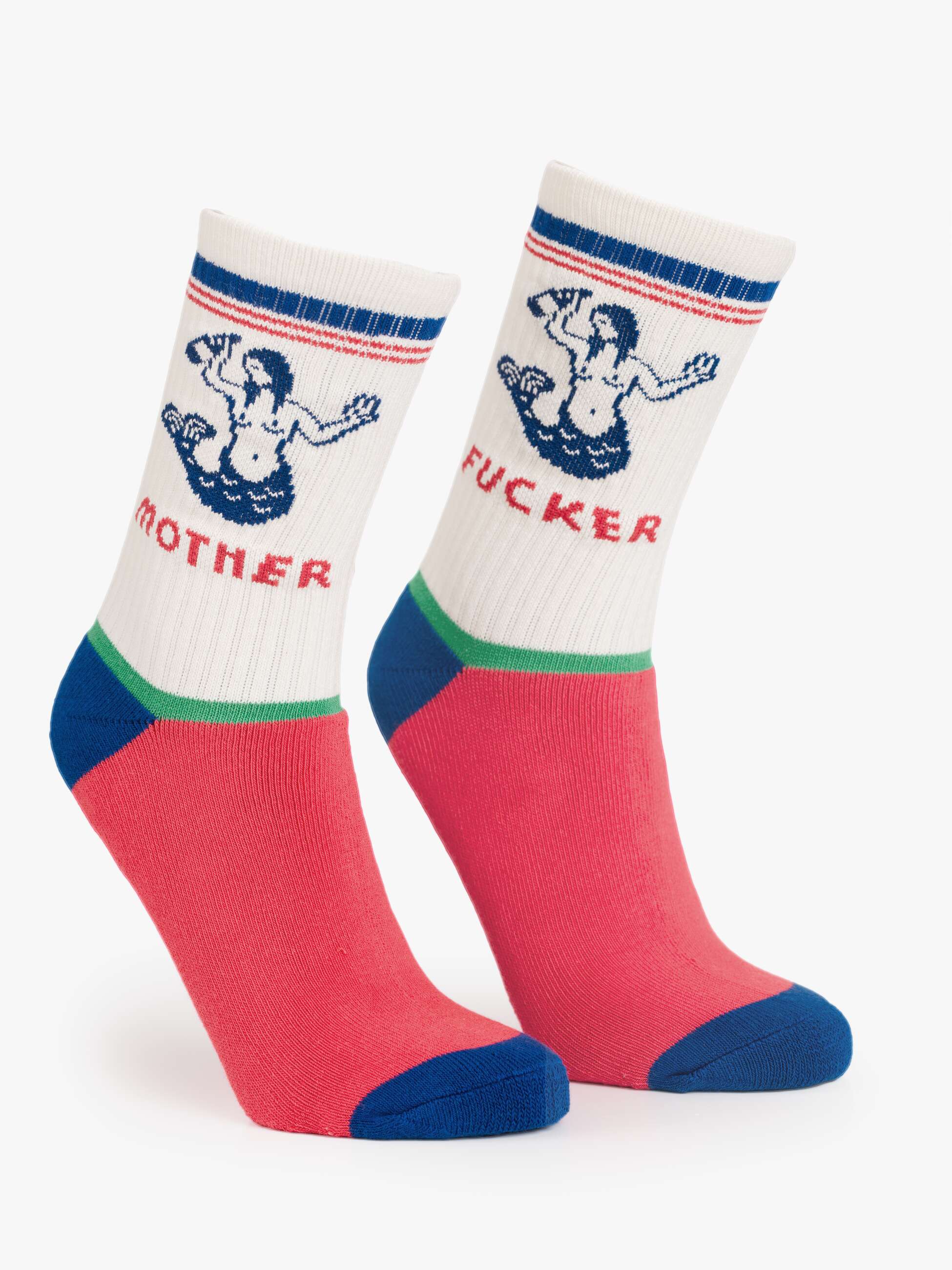 Pair of socks with graphic design and text on a white background