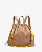 Brown backpack with yellow accents on a white background