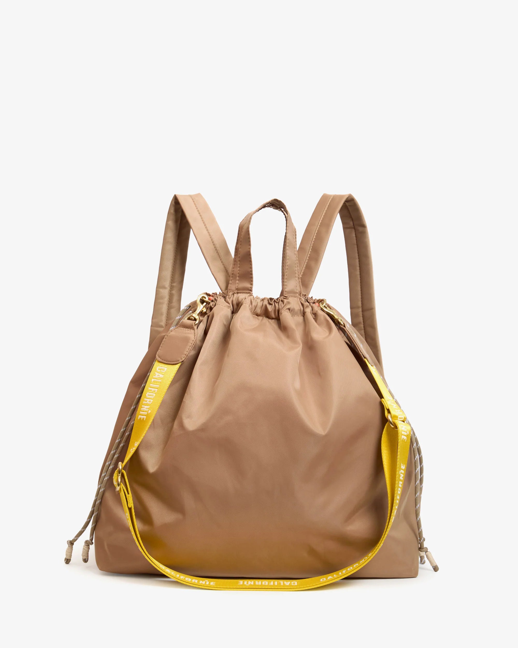Brown backpack with yellow accents on a white background