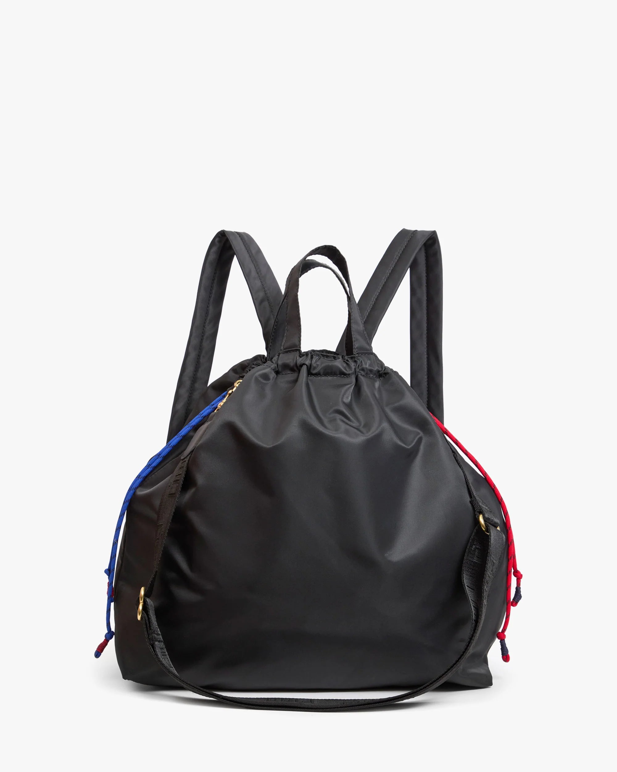 Black drawstring bag with colorful strings on a white background