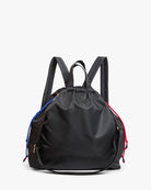 Black drawstring bag with colorful strings on a white background