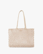 Beige woven handbag on a white background