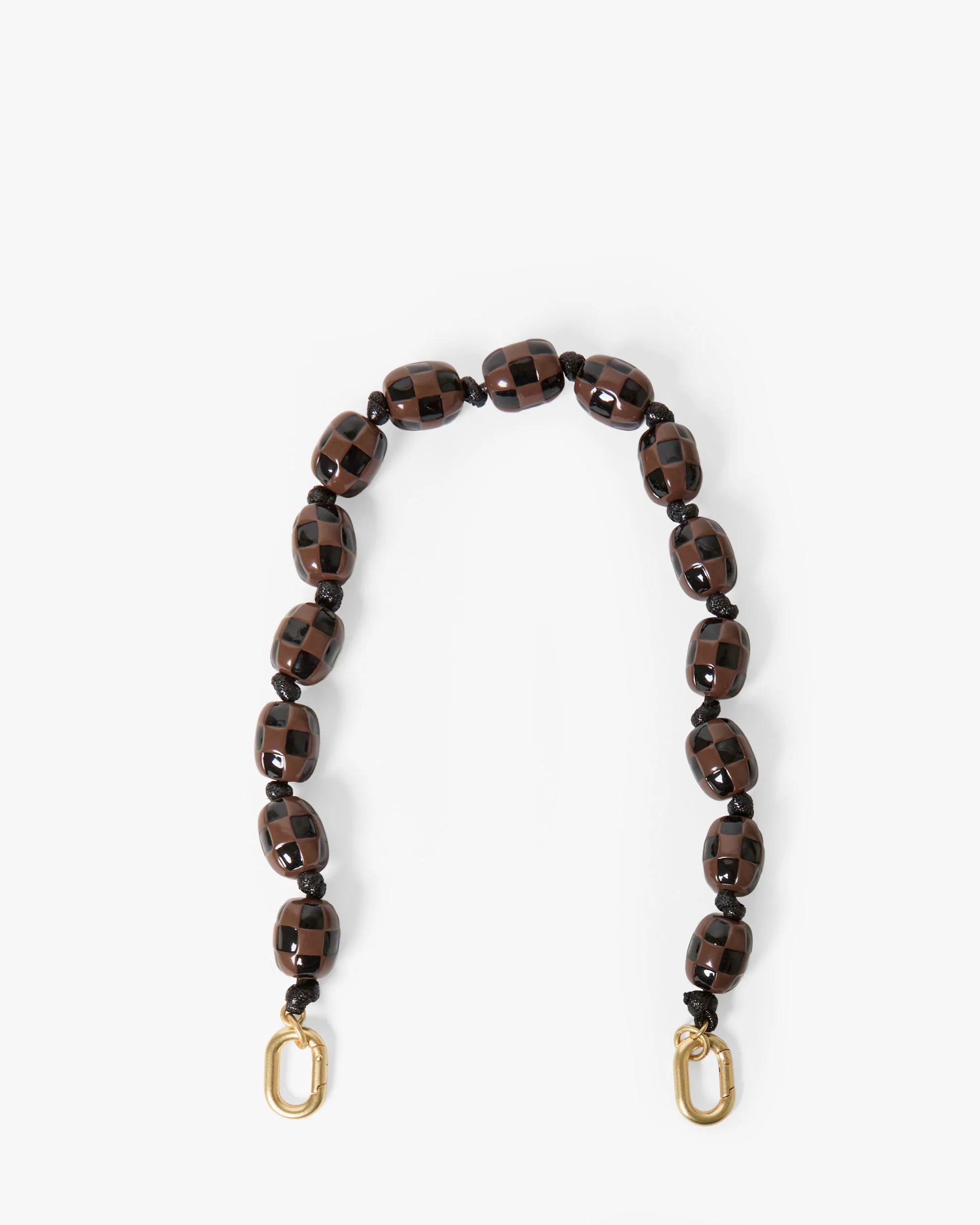 Brown beaded bag strap with gold hardware on a white background