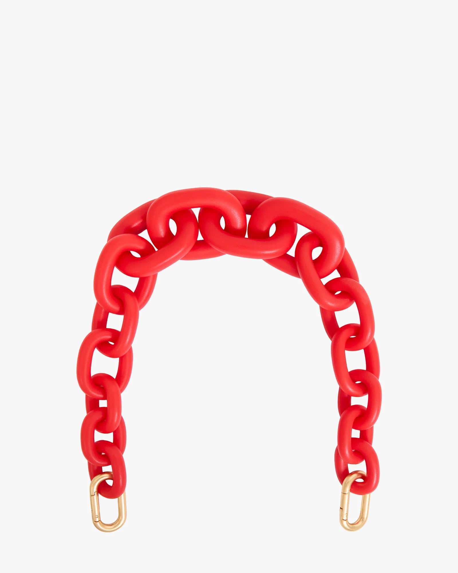 A red chain strap on a white background with gold clips