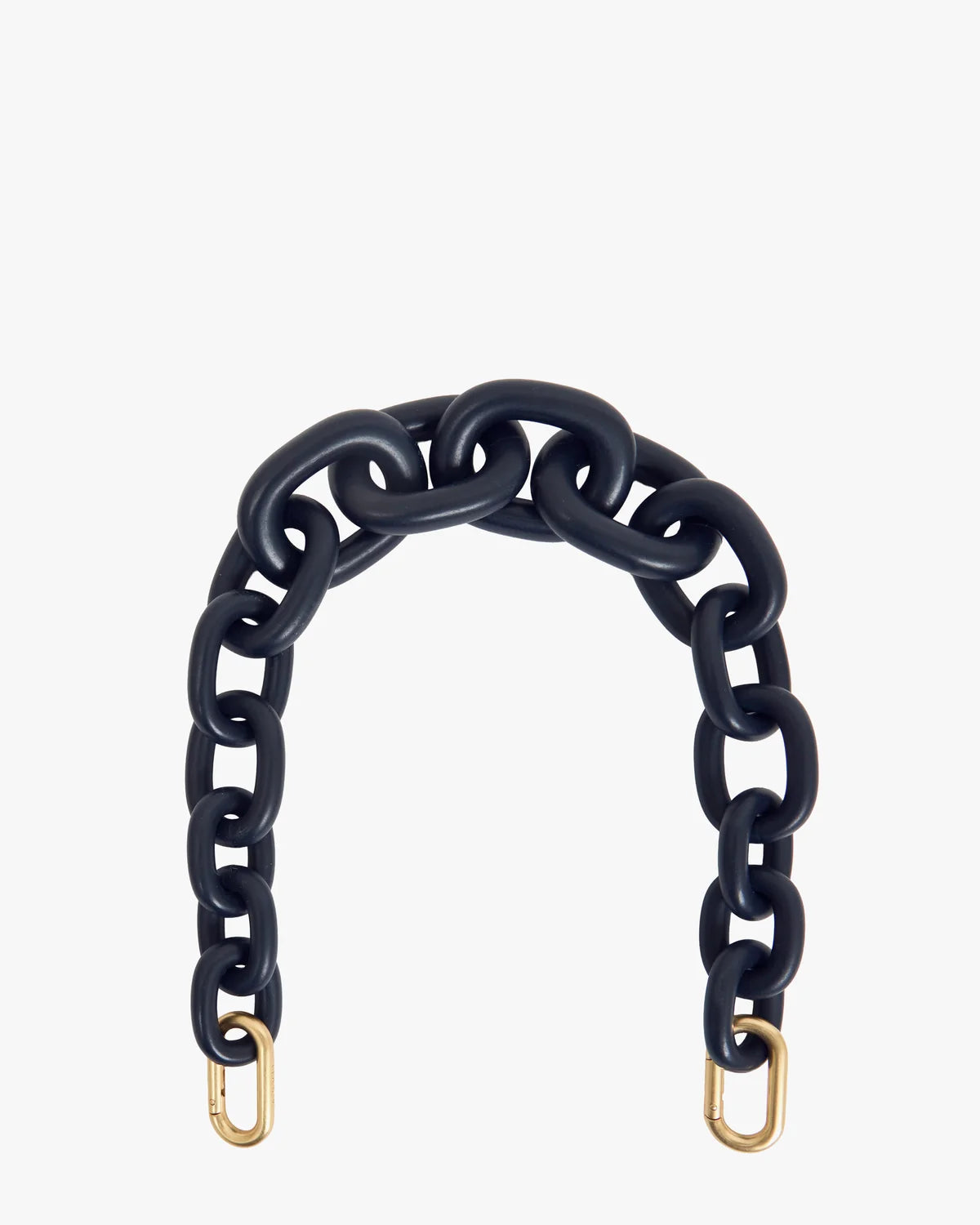 A chunky chain link belt in a dark navy blue finish with gold-toned metal hardware at the ends, displayed on a clean white background.