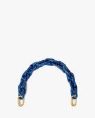 Blue chain strap with gold hardware on a white background