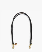A black braided leather shoulder strap with gold-tone metal hardware, including two lobster clasps and a small round charm, displayed on a clean white background.