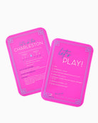 Two pink playing cards with text on a white background