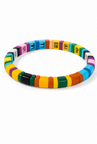 A colorful beaded stretch bracelet made of square letter beads spelling 'JOE', displayed on a clean white background.
