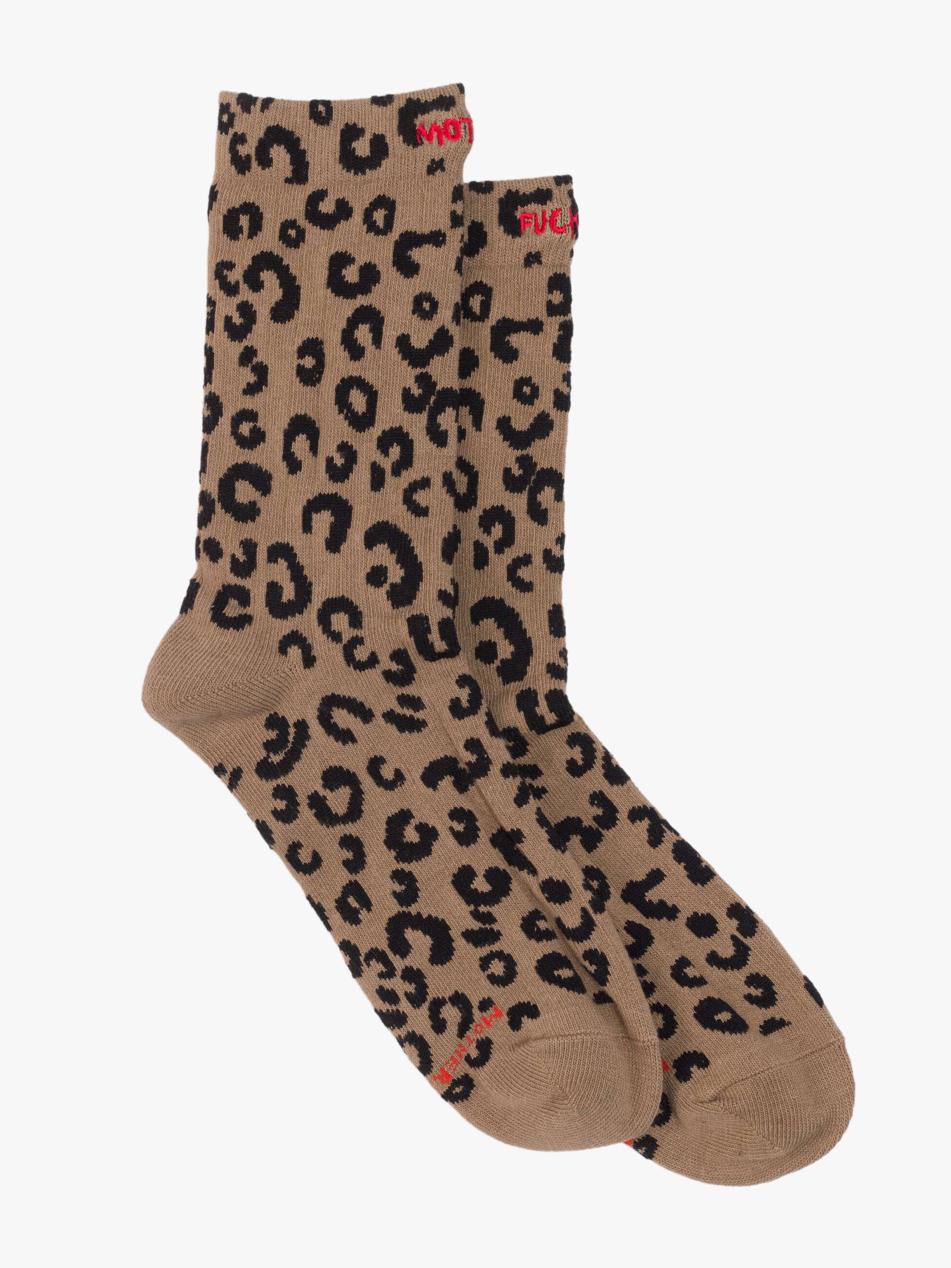 Pair of brown socks with black leopard print on a white background