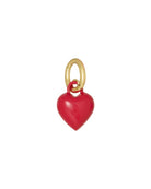 Red heart-shaped charm with gold ring on a white background