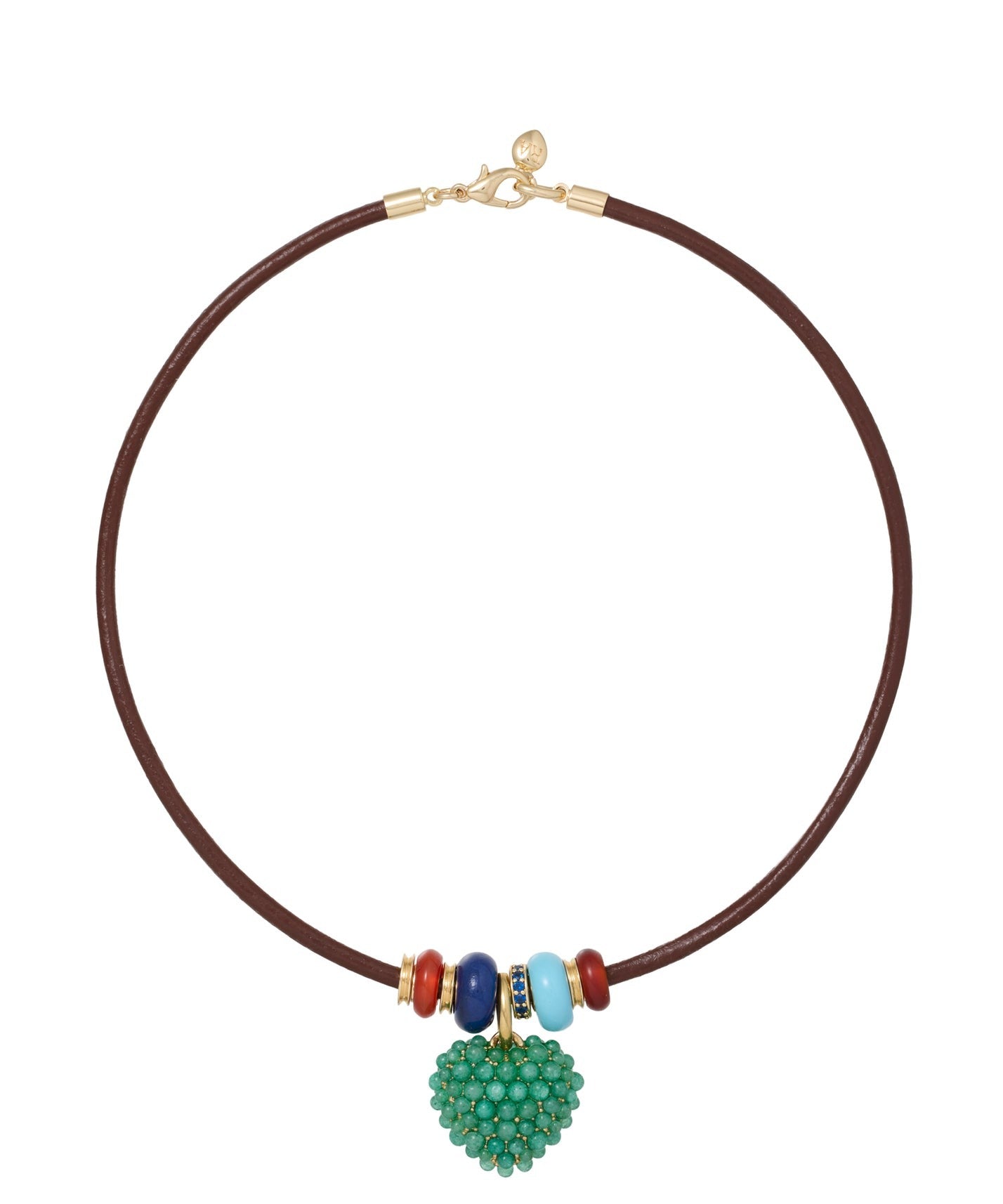 Necklace with a green heart-shaped pendant and colorful beads on a brown cord against a white background