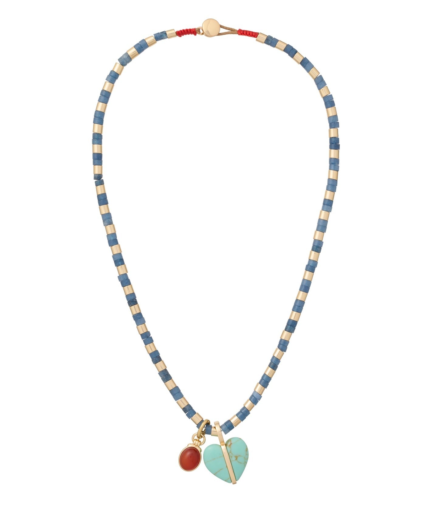 Necklace with blue, beige, and red beads on a white background
