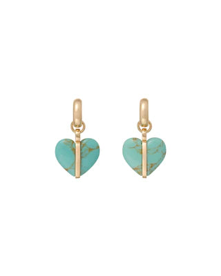 Heart-shaped earrings with turquoise stones and gold accents on a white background
