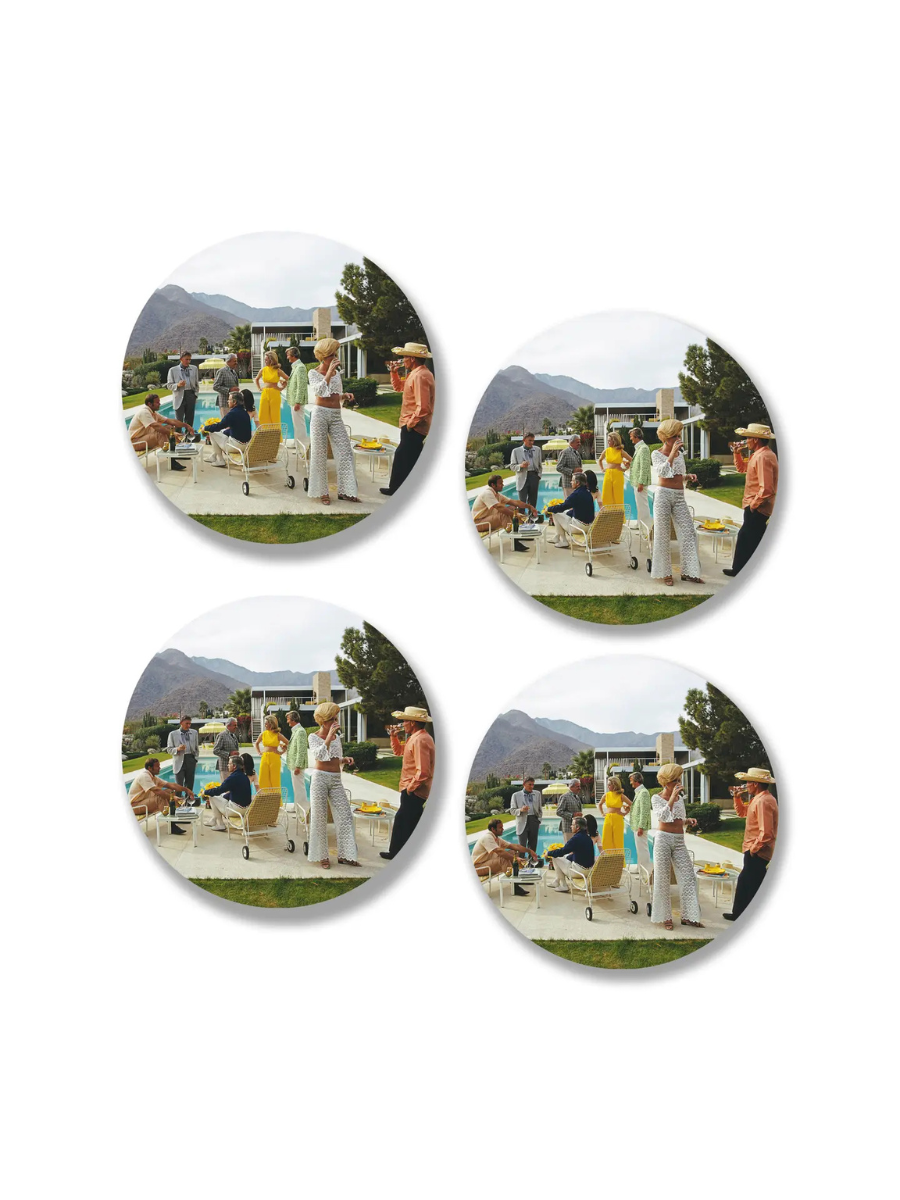 Set of four circular coasters with vintage-style images of people in a park.