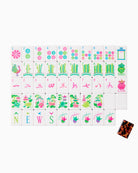 Set of colorful children's tiles with various designs and text on a white background