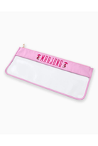 Pink pouch with clear front and 'Marjolein' branding on a white background
