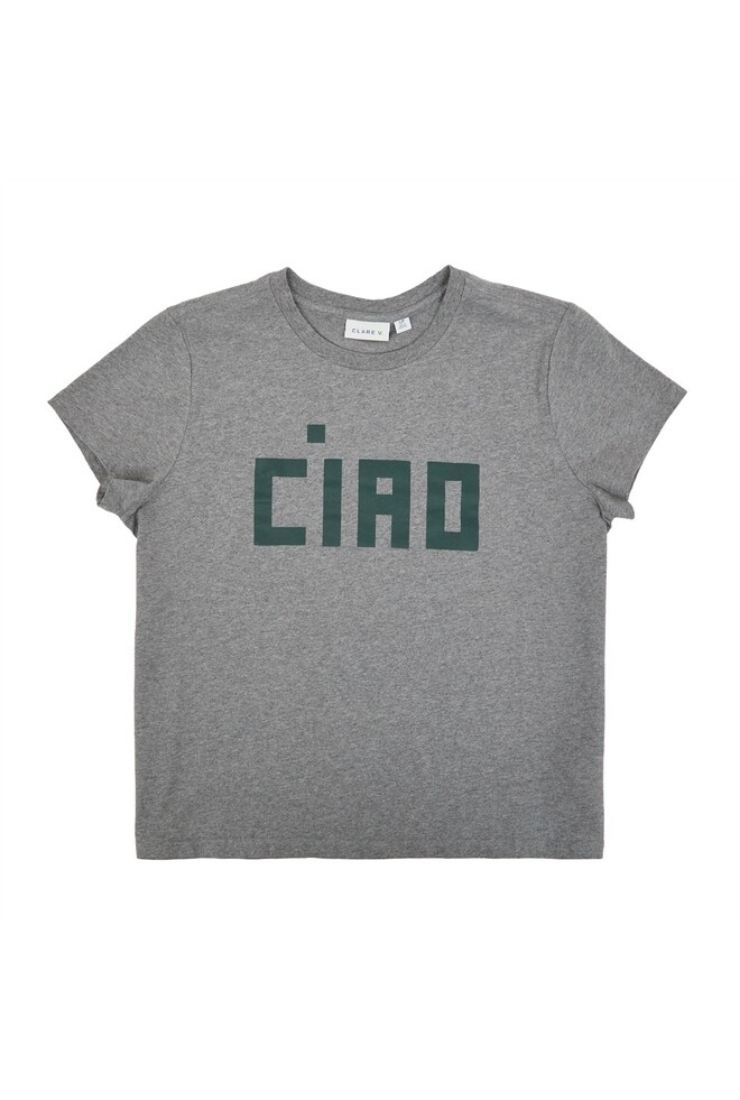 A heather gray short-sleeve t-shirt with the word 'CIAO' printed across the chest in a dark green block font, displayed on a solid white background.
