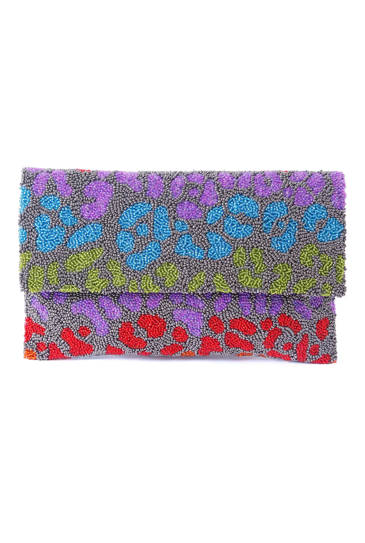 Colorful beaded clutch bag with a pattern on a white background