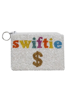 Pouch with 'swiftie $' text in colorful letters on a white background