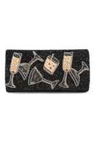 Black clutch bag with champagne glass designs on a white background