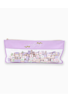 Purple pouch with wooden blocks inside on a white background